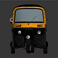 Yellow And Black Three Wheeled Auto Rickshaw With Open Cabin And Front Windshield